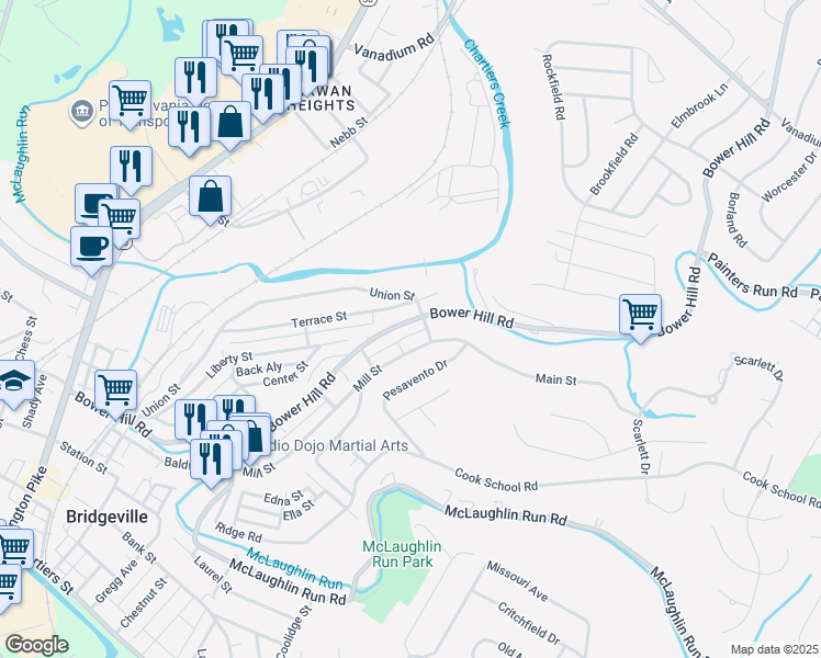 map of restaurants, bars, coffee shops, grocery stores, and more near 1370 Bower Hill Road in Bridgeville