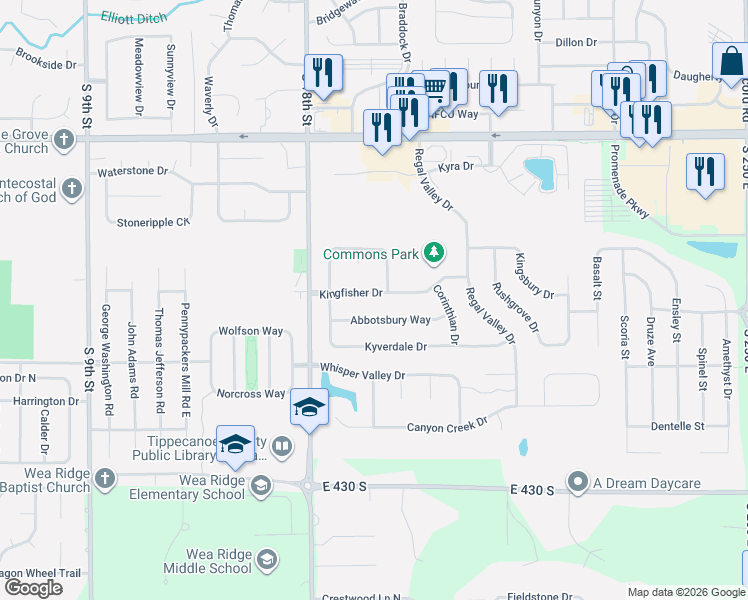 map of restaurants, bars, coffee shops, grocery stores, and more near 1903 Kingfisher Drive in Lafayette