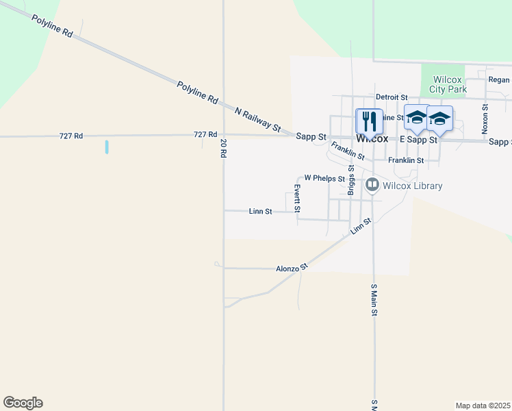 map of restaurants, bars, coffee shops, grocery stores, and more near 307 South Everett Street in Wilcox