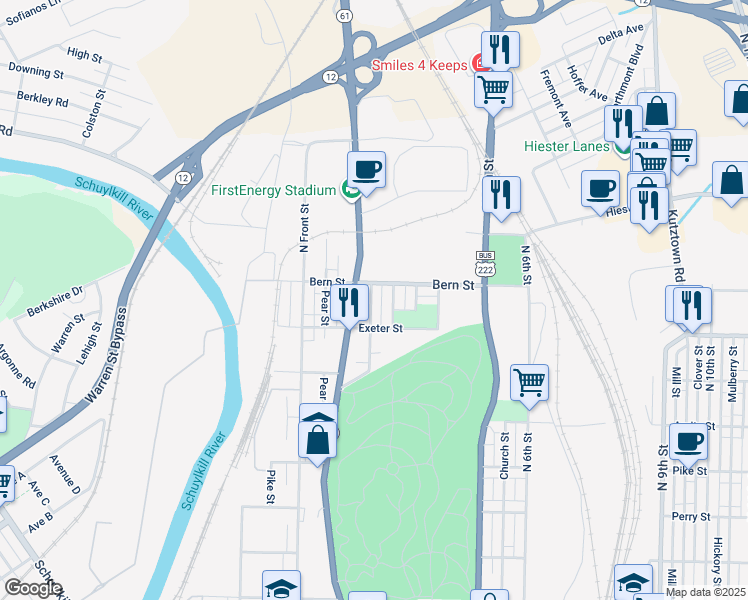 map of restaurants, bars, coffee shops, grocery stores, and more near 1741 Thorn Street in Reading