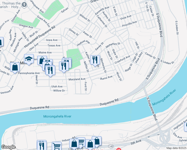 map of restaurants, bars, coffee shops, grocery stores, and more near 1142 Maryland Avenue in Duquesne