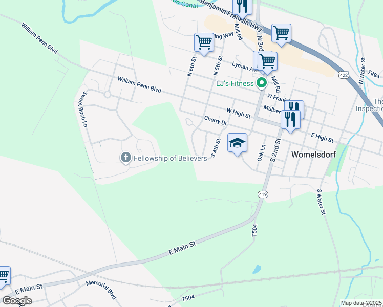map of restaurants, bars, coffee shops, grocery stores, and more near 225 South 5th Street in Womelsdorf