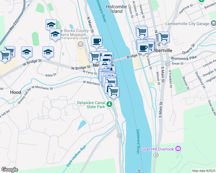 map of restaurants, bars, coffee shops, grocery stores, and more near 83 South Main Street in New Hope