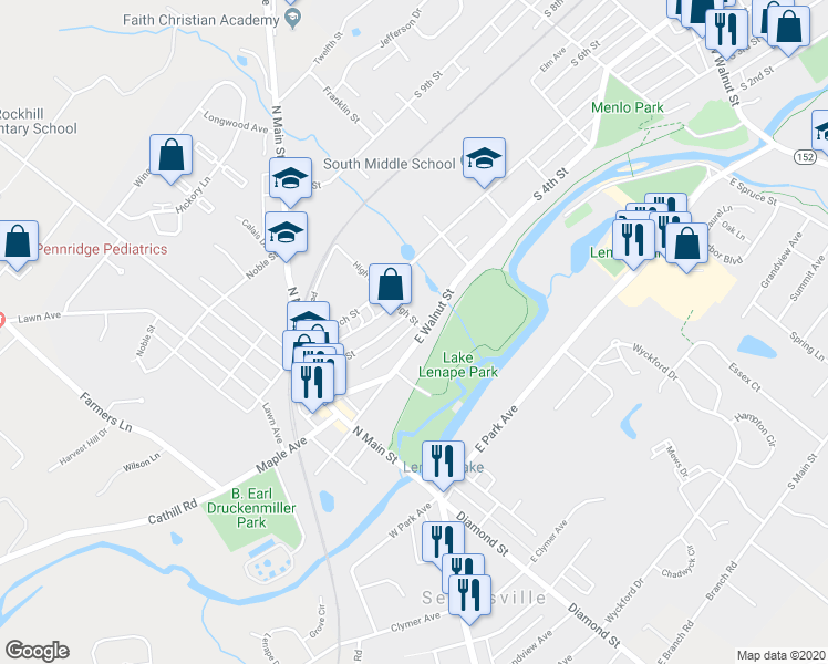 map of restaurants, bars, coffee shops, grocery stores, and more near 161 East Walnut Street in Sellersville