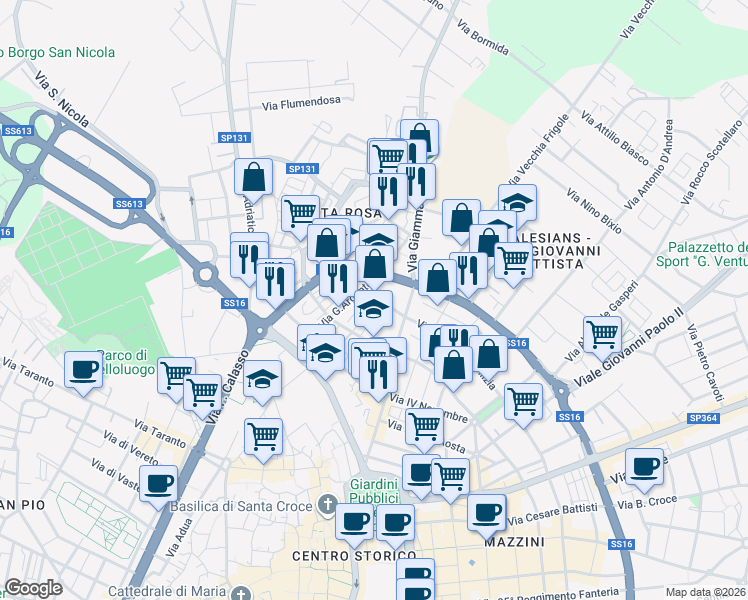 map of restaurants, bars, coffee shops, grocery stores, and more near 1-9 Via Lubello Formoso in Lecce
