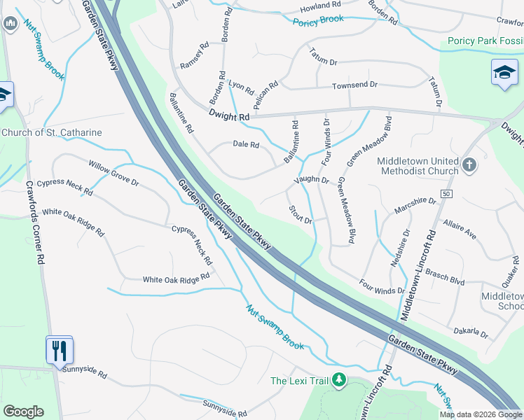 map of restaurants, bars, coffee shops, grocery stores, and more near 30 Vaughn Drive in Middletown Township
