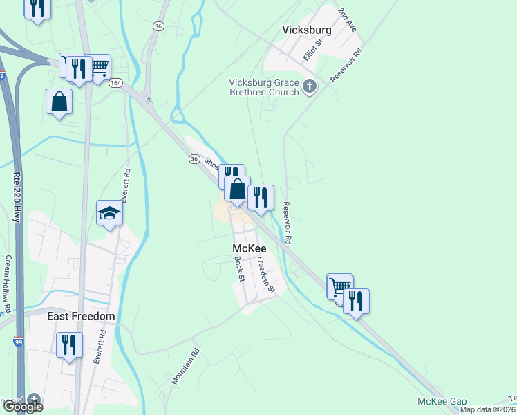 map of restaurants, bars, coffee shops, grocery stores, and more near 226 Shoenfelt Street in East Freedom
