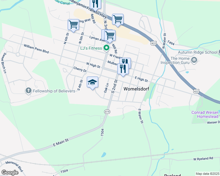 map of restaurants, bars, coffee shops, grocery stores, and more near 106 South 2nd Street in Womelsdorf