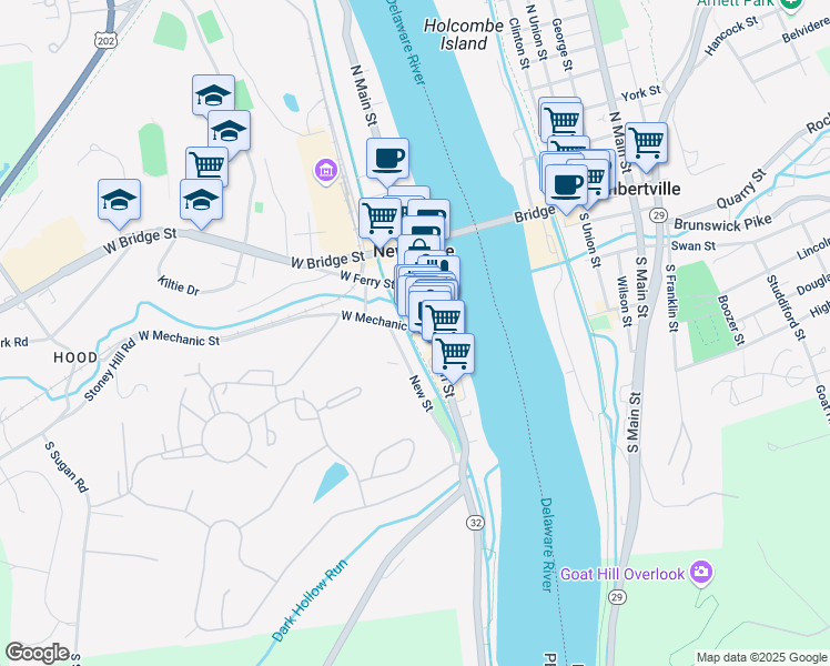 map of restaurants, bars, coffee shops, grocery stores, and more near 2 East Mechanic Street in New Hope