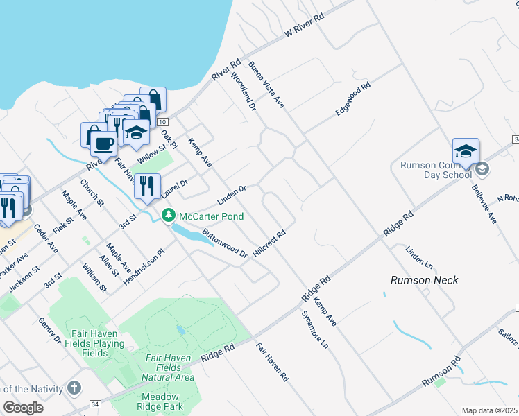 map of restaurants, bars, coffee shops, grocery stores, and more near 34 Heights Terrace in Fair Haven