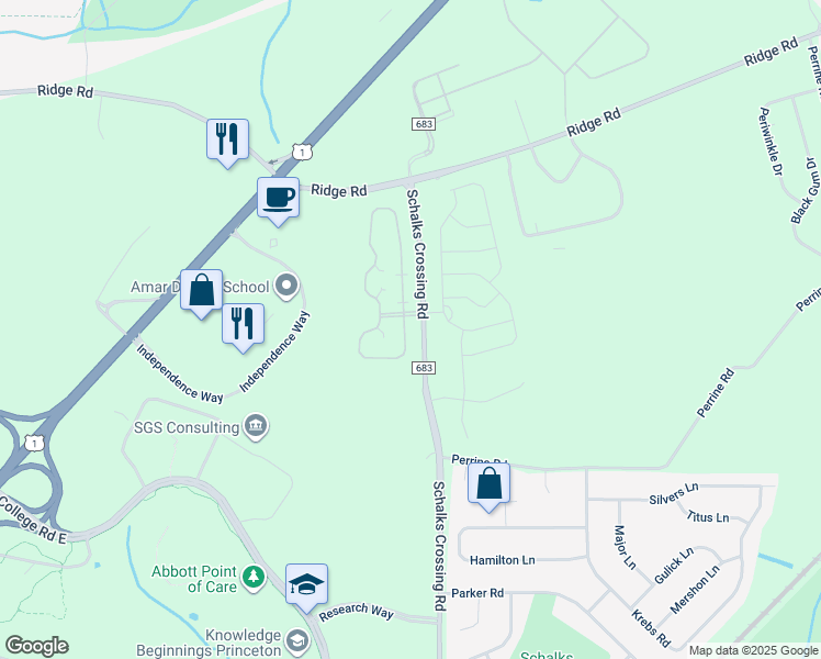 map of restaurants, bars, coffee shops, grocery stores, and more near 6604 Schindler Drive in South Brunswick Township