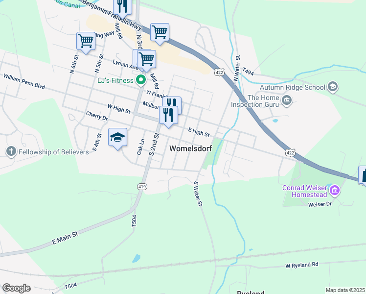 map of restaurants, bars, coffee shops, grocery stores, and more near 33 South Front Street in Womelsdorf