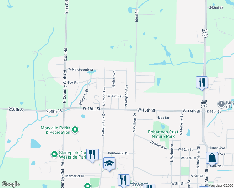 map of restaurants, bars, coffee shops, grocery stores, and more near 1001 West 17th Street in Maryville