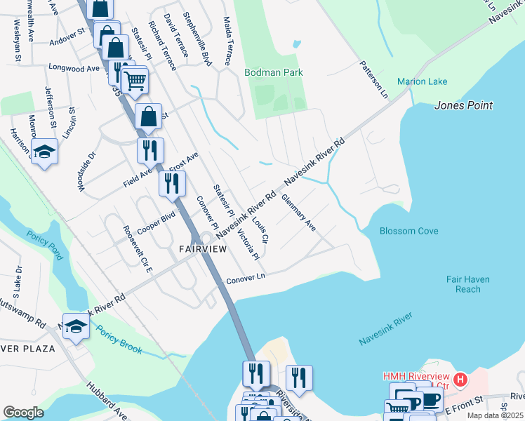 map of restaurants, bars, coffee shops, grocery stores, and more near 296 Navesink River Road in Red Bank