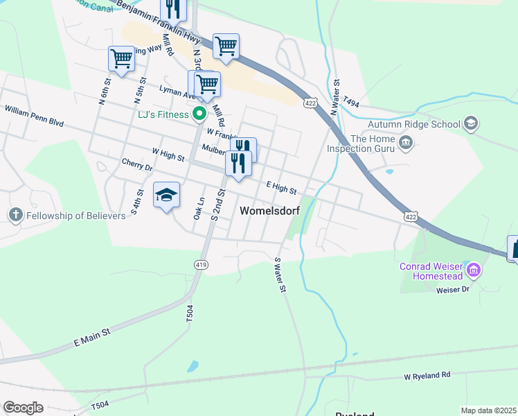 map of restaurants, bars, coffee shops, grocery stores, and more near 33 South Front Street in Womelsdorf