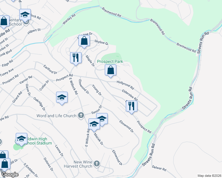 map of restaurants, bars, coffee shops, grocery stores, and more near 1542 Elderslee Rd in Pittsburgh