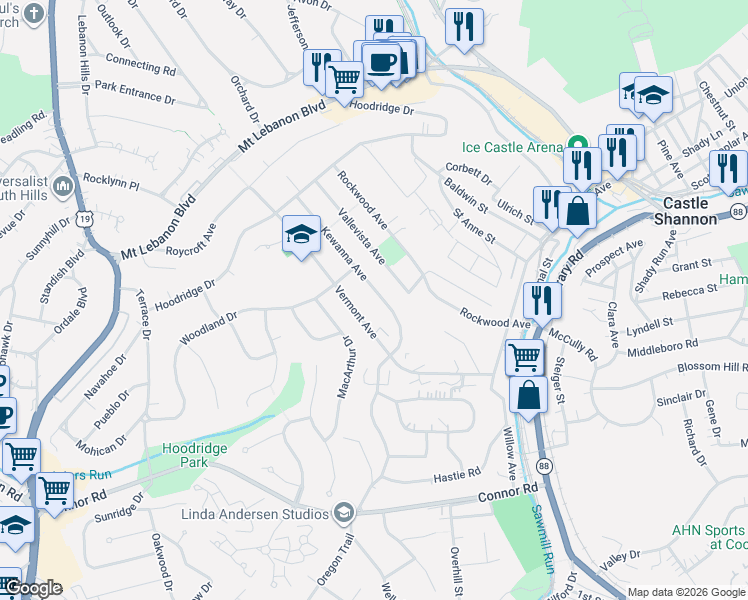 map of restaurants, bars, coffee shops, grocery stores, and more near 836 Kewanna Avenue in Pittsburgh