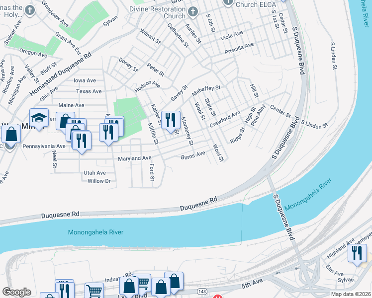map of restaurants, bars, coffee shops, grocery stores, and more near 1109 Maryland Avenue in Duquesne