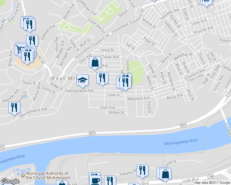 map of restaurants, bars, coffee shops, grocery stores, and more near 1725 Pennsylvania Avenue in West Mifflin