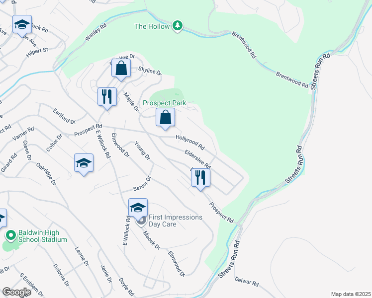 map of restaurants, bars, coffee shops, grocery stores, and more near 1631 Elderslee Road in Pittsburgh
