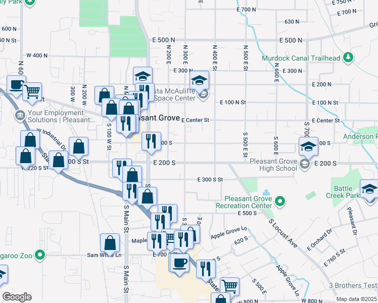 map of restaurants, bars, coffee shops, grocery stores, and more near 330 East 100 North Street in Pleasant Grove