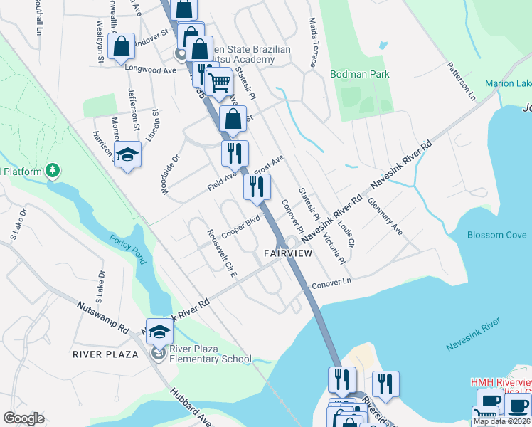 map of restaurants, bars, coffee shops, grocery stores, and more near 160 New Jersey 35 in Red Bank