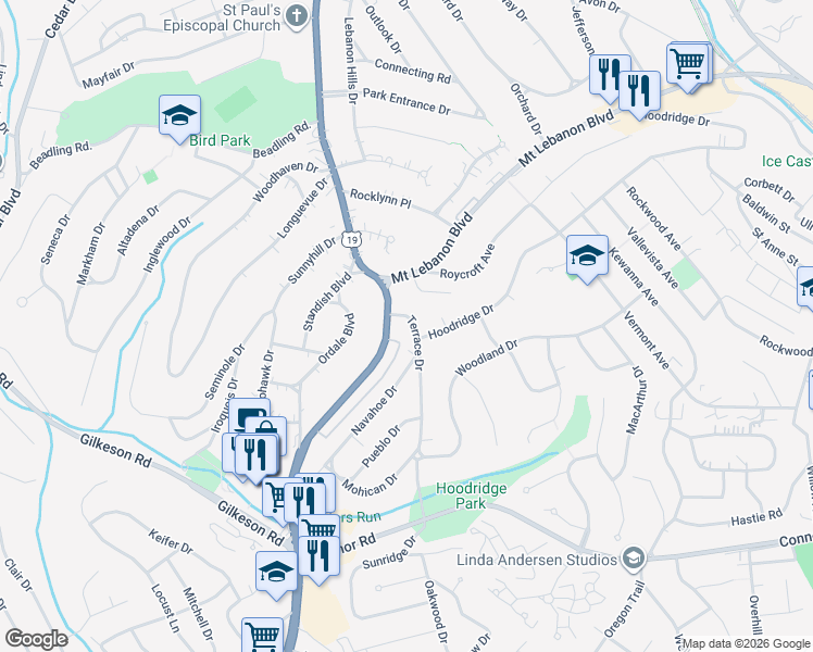 map of restaurants, bars, coffee shops, grocery stores, and more near 1320 Terrace Drive in Pittsburgh