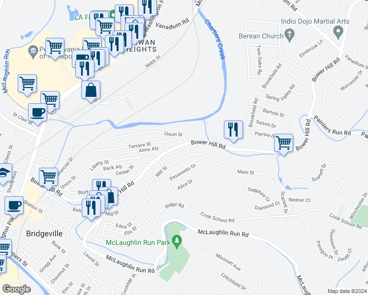 map of restaurants, bars, coffee shops, grocery stores, and more near 1370 Bower Hill Road in Bridgeville