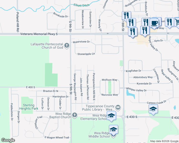 map of restaurants, bars, coffee shops, grocery stores, and more near 1199 Revere Dr in Lafayette