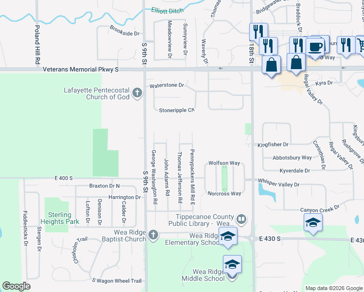 map of restaurants, bars, coffee shops, grocery stores, and more near 1101-1199 Revere Drive in Lafayette