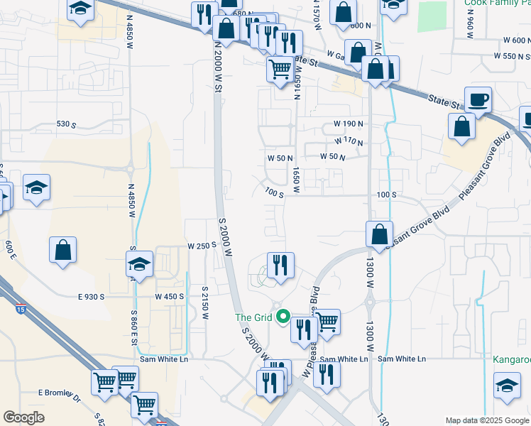 map of restaurants, bars, coffee shops, grocery stores, and more near 1795 West 120 South in Pleasant Grove