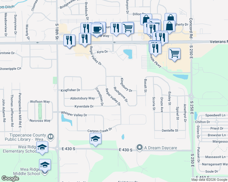map of restaurants, bars, coffee shops, grocery stores, and more near 3910 Rushgrove Drive in Lafayette