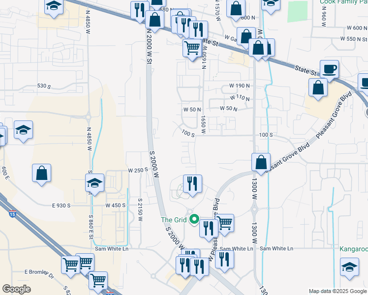 map of restaurants, bars, coffee shops, grocery stores, and more near 1775 West 120 South in Pleasant Grove
