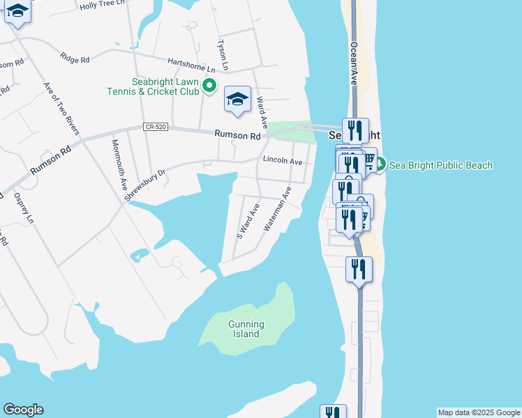 map of restaurants, bars, coffee shops, grocery stores, and more near 77 South Ward Avenue in Rumson