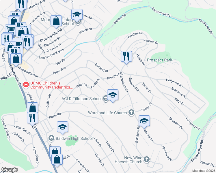 map of restaurants, bars, coffee shops, grocery stores, and more near 4825 Mooreridge Drive in Pittsburgh