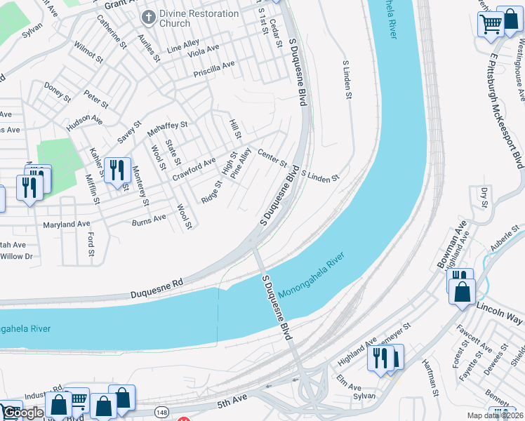 map of restaurants, bars, coffee shops, grocery stores, and more near 1017 Orchard Court in Duquesne
