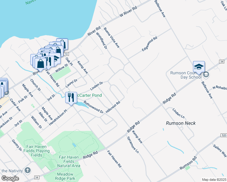map of restaurants, bars, coffee shops, grocery stores, and more near 34 Heights Terrace in Fair Haven
