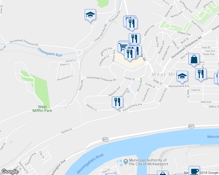 map of restaurants, bars, coffee shops, grocery stores, and more near 2818 Glenny Lane Extension in West Mifflin