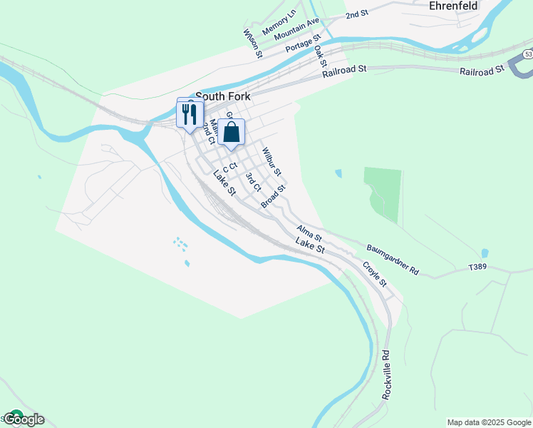 map of restaurants, bars, coffee shops, grocery stores, and more near 612 Main Street in South Fork