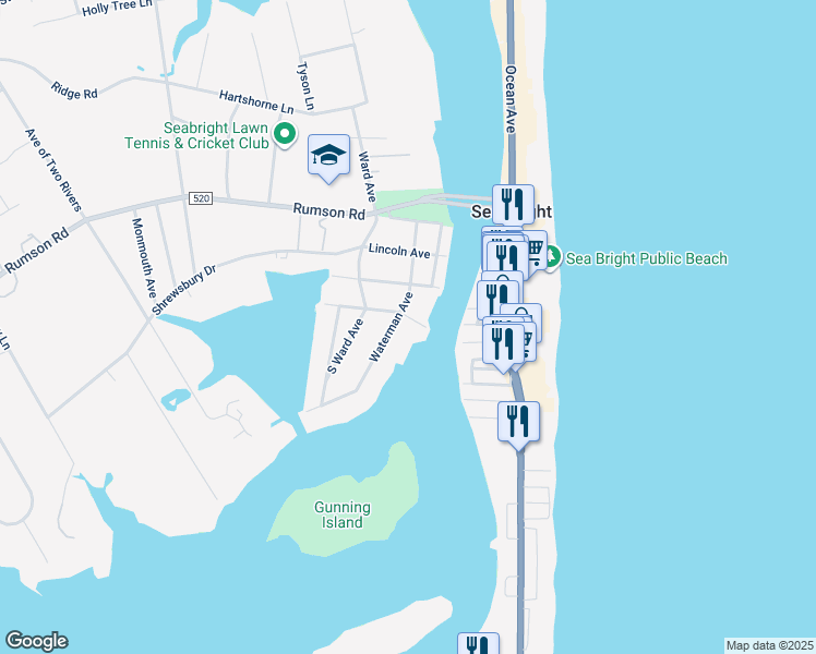 map of restaurants, bars, coffee shops, grocery stores, and more near 37b Waterman Avenue in Rumson