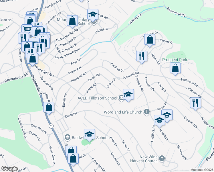 map of restaurants, bars, coffee shops, grocery stores, and more near 1287 Girard Road in Pittsburgh