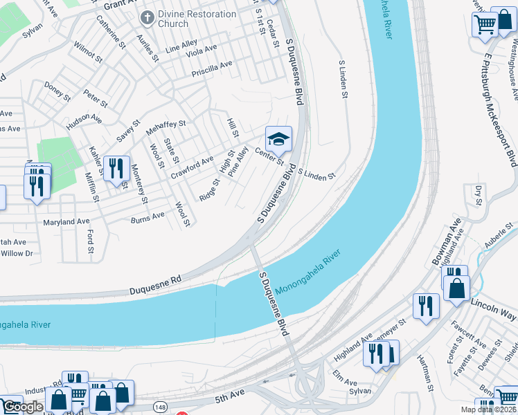 map of restaurants, bars, coffee shops, grocery stores, and more near 1017 Orchard Court in Duquesne