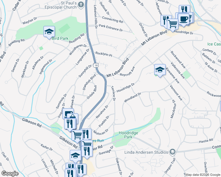 map of restaurants, bars, coffee shops, grocery stores, and more near 1320 Terrace Drive in Pittsburgh