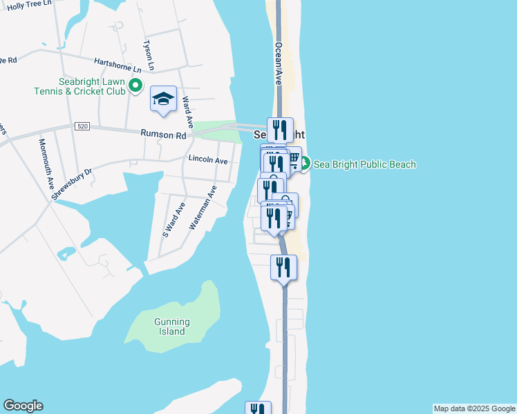 map of restaurants, bars, coffee shops, grocery stores, and more near 14 South Street in Sea Bright