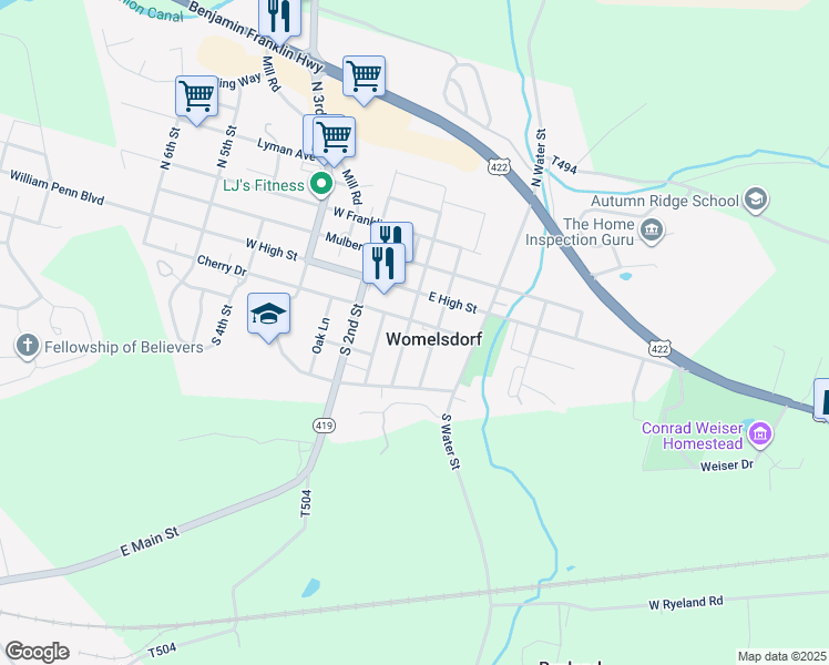 map of restaurants, bars, coffee shops, grocery stores, and more near 31 South Front Street in Womelsdorf