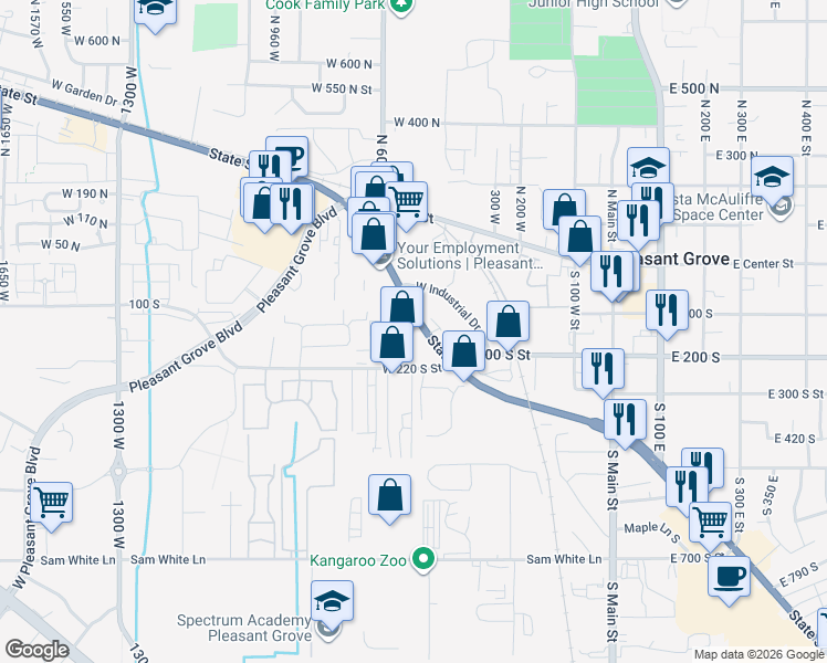 map of restaurants, bars, coffee shops, grocery stores, and more near 525 West State Street in Pleasant Grove