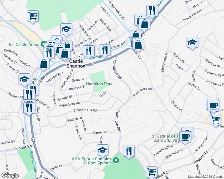 map of restaurants, bars, coffee shops, grocery stores, and more near 3422 Lockridge Road in Pittsburgh
