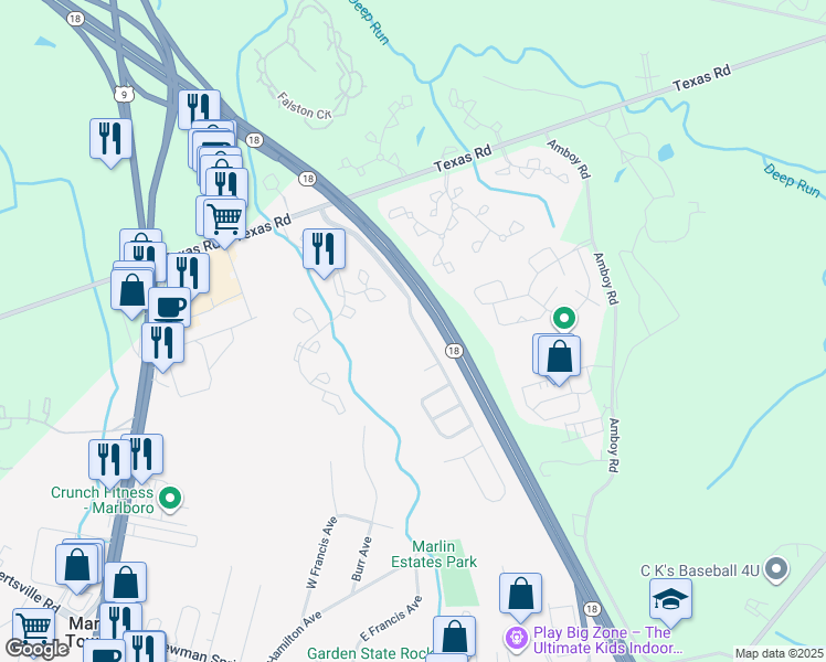 map of restaurants, bars, coffee shops, grocery stores, and more near 8 Enclosure Drive in Marlboro