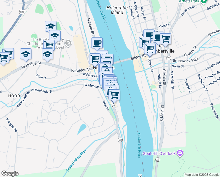 map of restaurants, bars, coffee shops, grocery stores, and more near 2 East Mechanic Street in New Hope