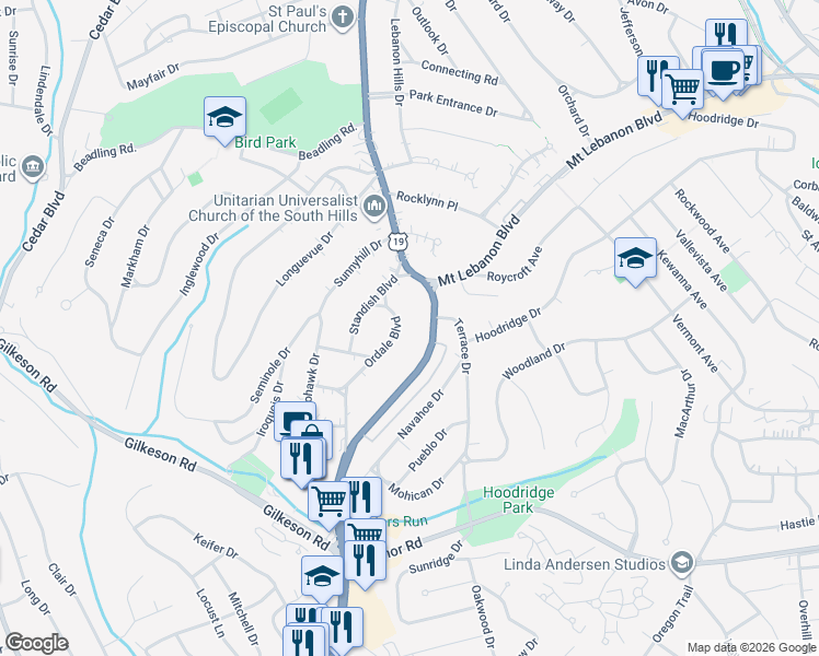 map of restaurants, bars, coffee shops, grocery stores, and more near 65 Ordale Blvd in Pittsburgh
